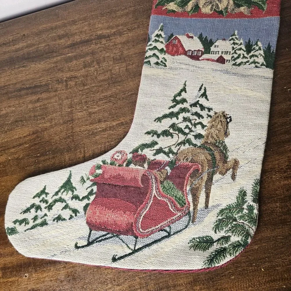 Vintage 1990s Needlepoint Christmas Stocking – Winter Horse & Sleigh Scene
